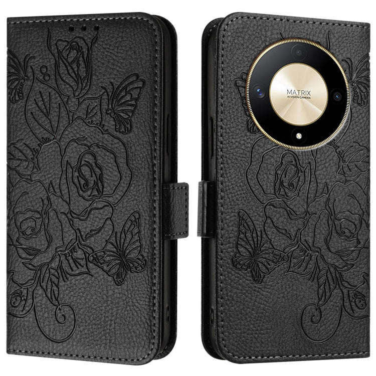 For Honor X9b 5G / Magic6 Lite 5G Embossed Rose RFID Anti-theft Leather Phone Case(Black)