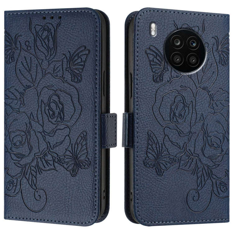 For Honor 50 Lite / Huawei nova 8i Embossed Rose RFID Anti-theft Leather Phone Case(Dark Blue)