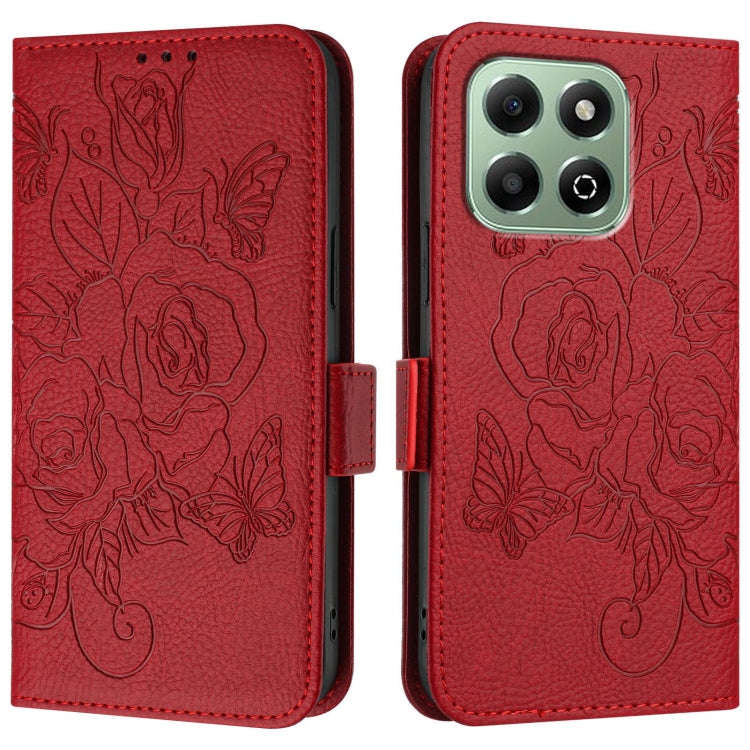 For Honor X6b Embossed Rose RFID Anti-theft Leather Phone Case(Red)