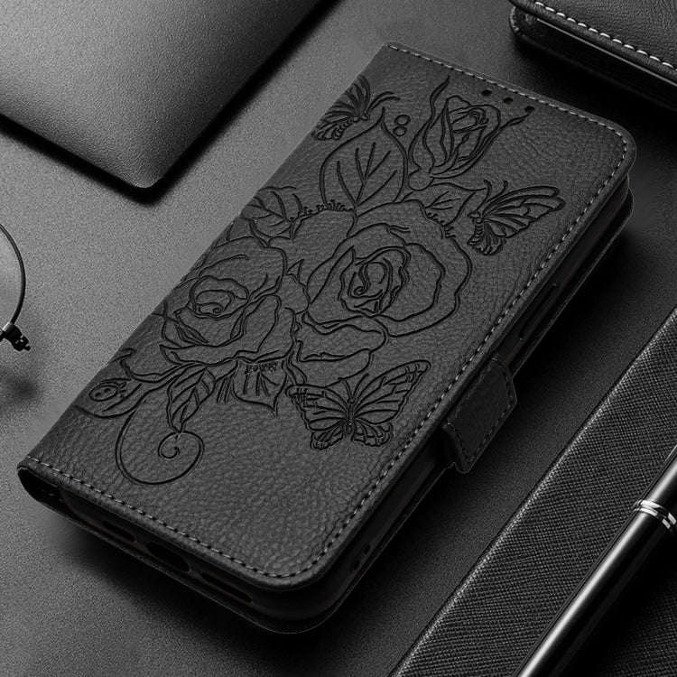 For Honor X6b Embossed Rose RFID Anti-theft Leather Phone Case(Black)