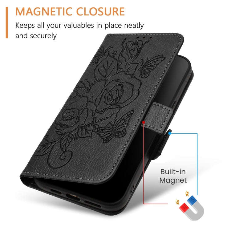 For Honor X6b Embossed Rose RFID Anti-theft Leather Phone Case(Black)