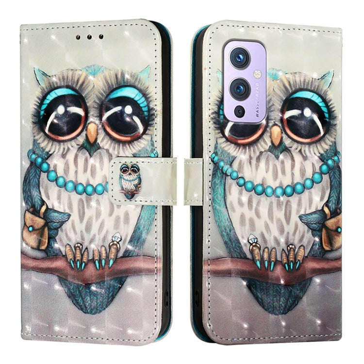 For OnePlus 9 3D Painting Horizontal Flip Leather Phone Case(Grey Owl)
