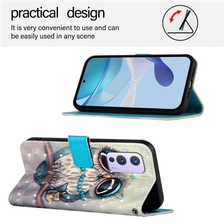 For OnePlus 9 3D Painting Horizontal Flip Leather Phone Case(Grey Owl)
