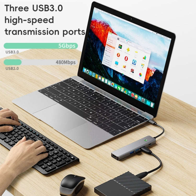 BYL-2319 5 in 1 USB-C / Type-C to USB3.0+USB-C / Type-C+HDTV Multi-function Docking Station(Grey)