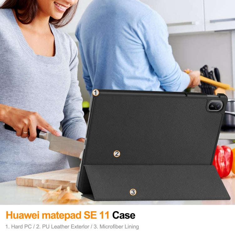 For Huawei Matepad SE 11 Custer Pure Color 3-Fold Holder Smart Leather Tablet Case(Black)