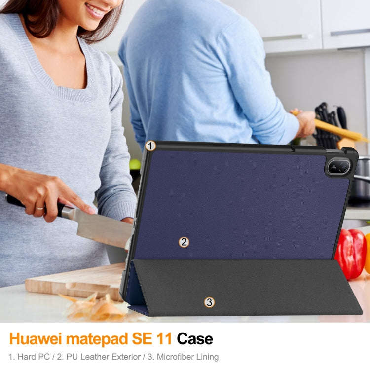 For Huawei Matepad SE 11 Custer Pure Color 3-Fold Holder Smart Leather Tablet Case(Dark Blue)