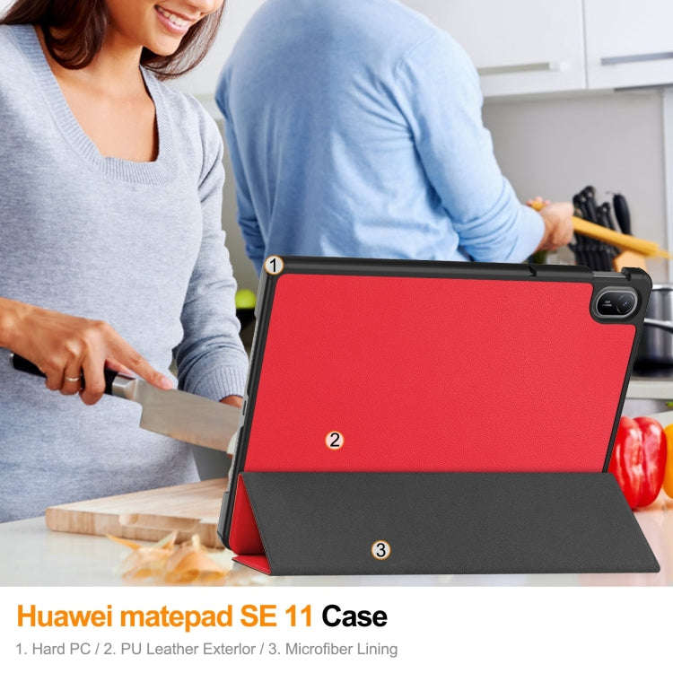 For Huawei Matepad SE 11 Custer Pure Color 3-Fold Holder Smart Leather Tablet Case(Red)