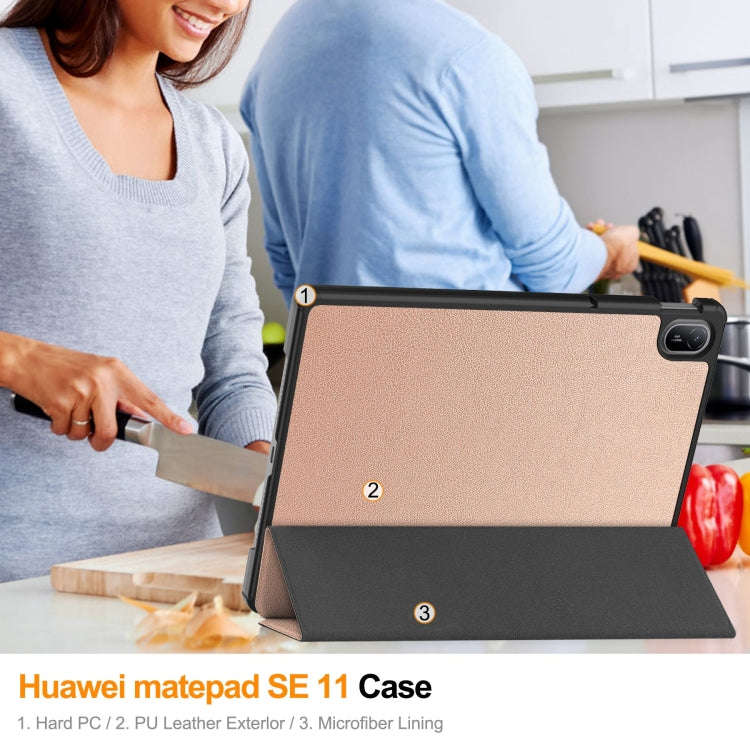 For Huawei Matepad SE 11 Custer Pure Color 3-Fold Holder Smart Leather Tablet Case(Rose Gold)