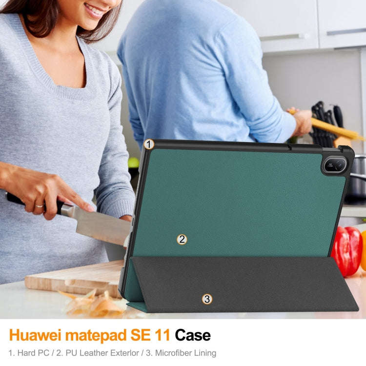 For Huawei Matepad SE 11 Custer Pure Color 3-Fold Holder Smart Leather Tablet Case(Dark Green)