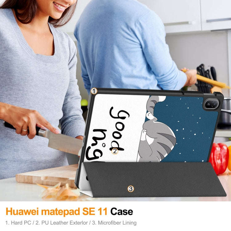 For Huawei Matepad SE 11 Painted 3-Fold Holder Smart Leather Tablet Case(Lazy Cat)
