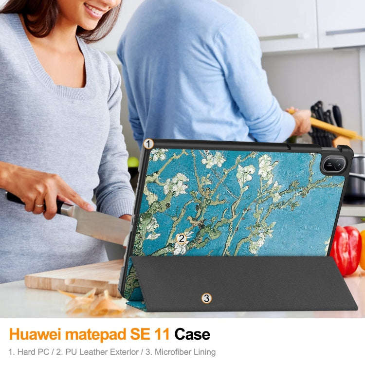 For Huawei Matepad SE 11 Painted 3-Fold Holder Smart Leather Tablet Case(Apricot Blossom)