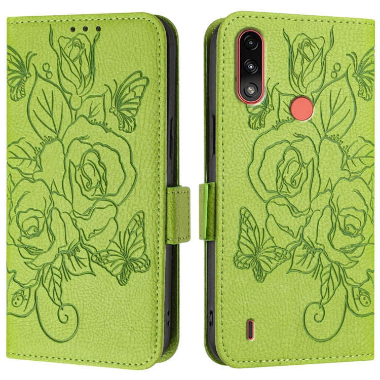 For Motorola Moto E7 Power 2021 Embossed Rose RFID Anti-theft Leather Phone Case(Green)