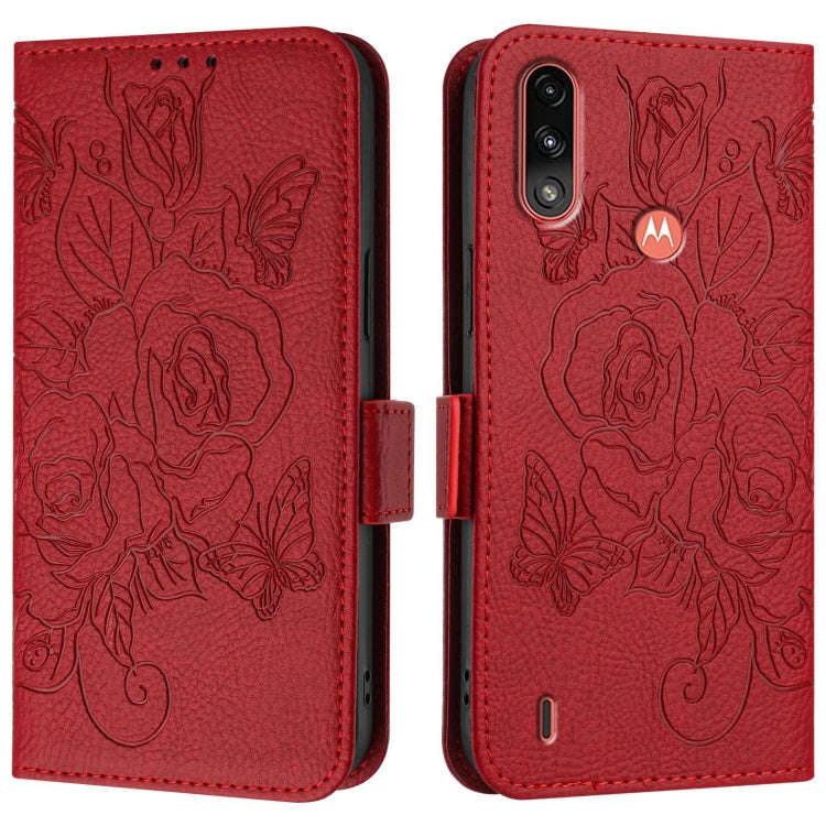 For Motorola Moto E7 Power 2021 Embossed Rose RFID Anti-theft Leather Phone Case(Red)