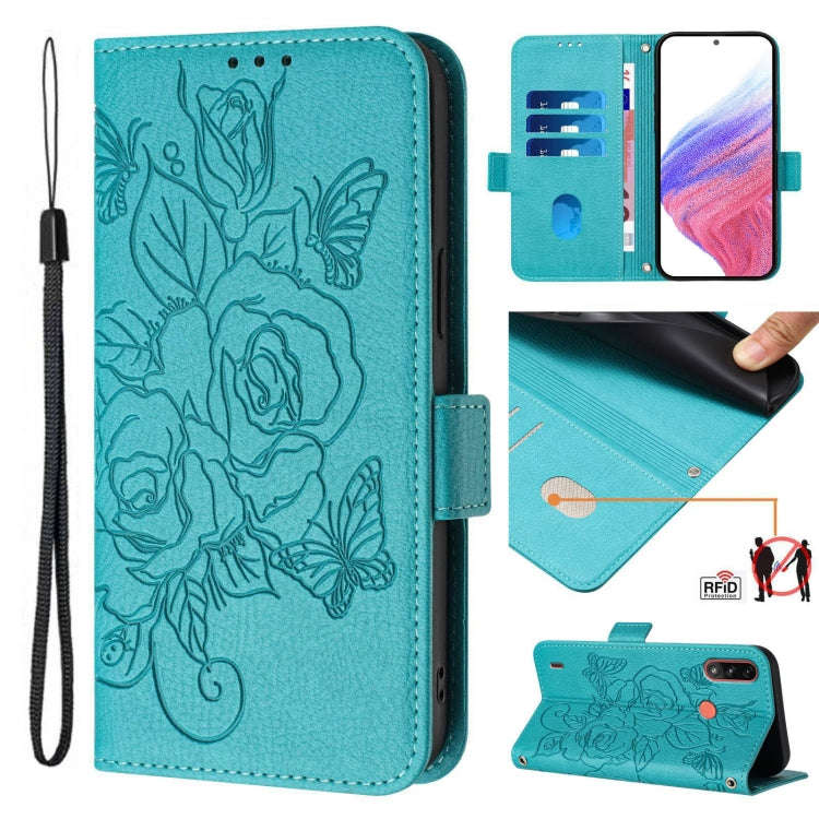 For Motorola Moto E7 Power 2021 Embossed Rose RFID Anti-theft Leather Phone Case(Light Blue)