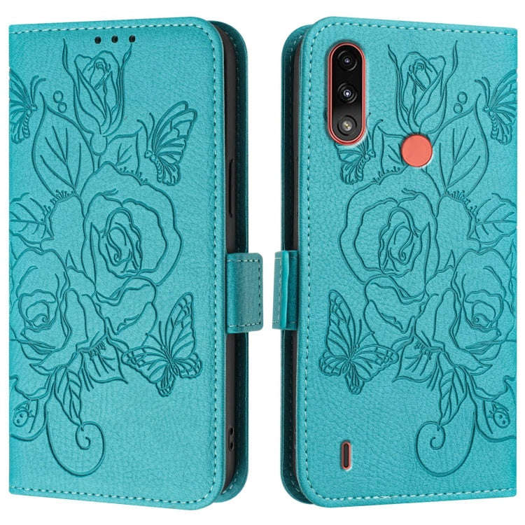 For Motorola Moto E7 Power 2021 Embossed Rose RFID Anti-theft Leather Phone Case(Light Blue)