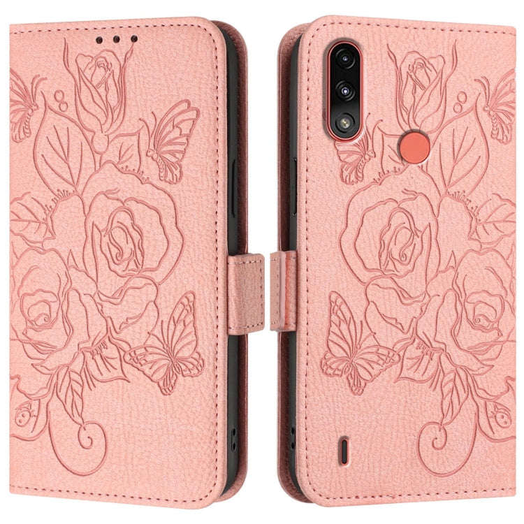 For Motorola Moto E7 Power 2021 Embossed Rose RFID Anti-theft Leather Phone Case(Pink)