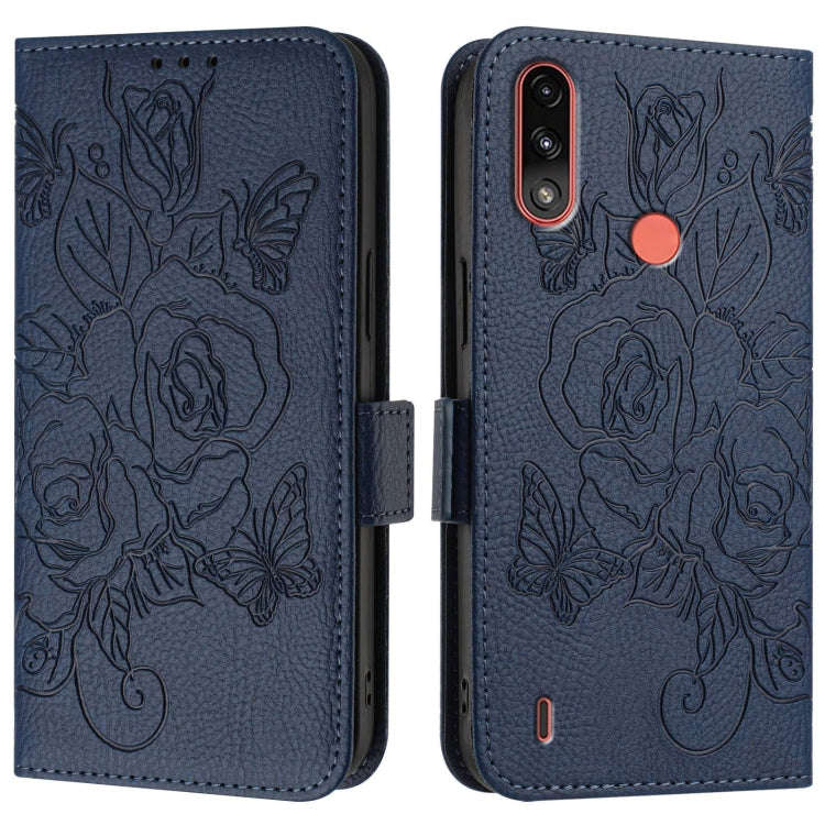 For Motorola Moto E7 Power 2021 Embossed Rose RFID Anti-theft Leather Phone Case(Dark Blue)