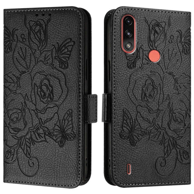 For Motorola Moto E7 Power 2021 Embossed Rose RFID Anti-theft Leather Phone Case(Black)