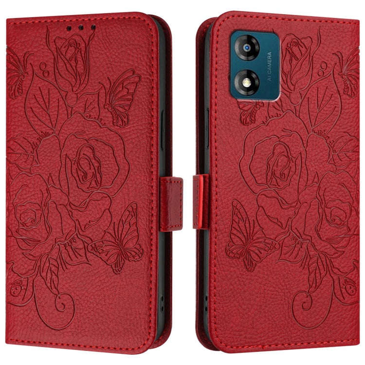 For Motorola Moto E13 4G 2023 Embossed Rose RFID Anti-theft Leather Phone Case(Red)