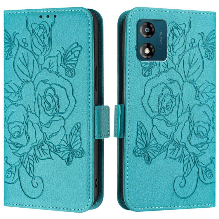 For Motorola Moto E13 4G 2023 Embossed Rose RFID Anti-theft Leather Phone Case(Light Blue)