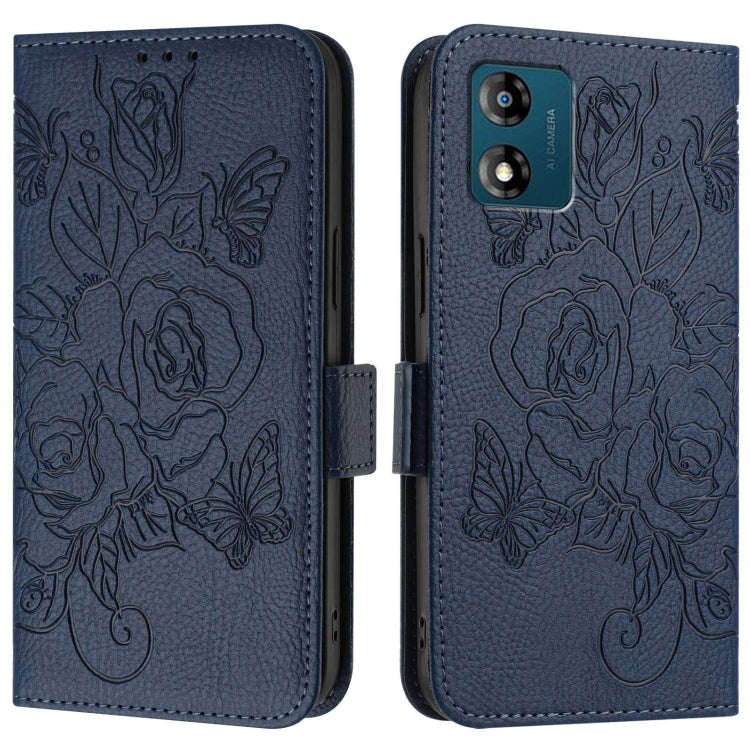 For Motorola Moto E13 4G 2023 Embossed Rose RFID Anti-theft Leather Phone Case(Dark Blue)