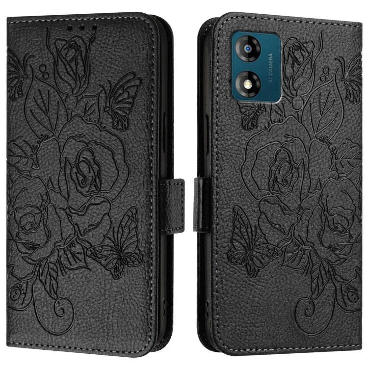 For Motorola Moto E13 4G 2023 Embossed Rose RFID Anti-theft Leather Phone Case(Black)
