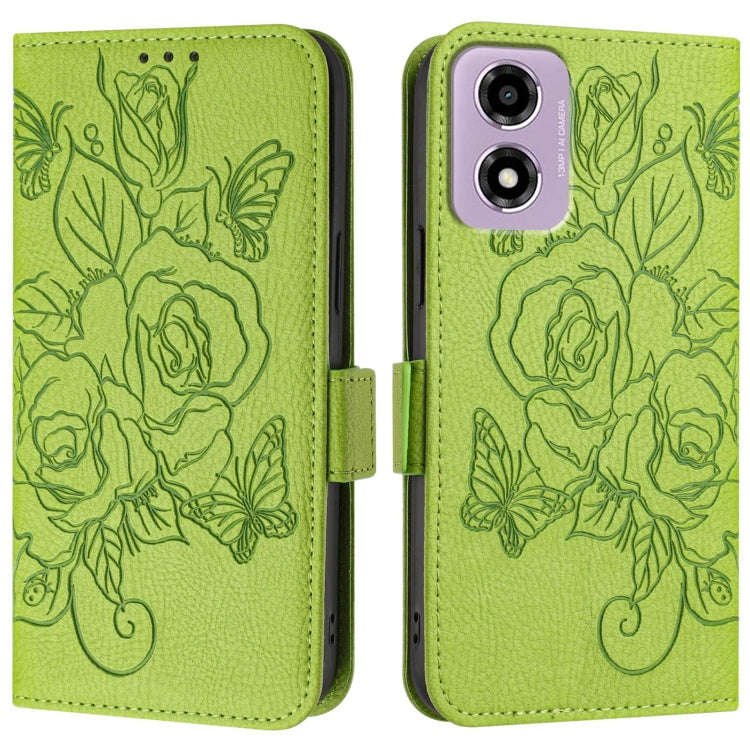 For Motorola Moto E14 Embossed Rose RFID Anti-theft Leather Phone Case(Green)