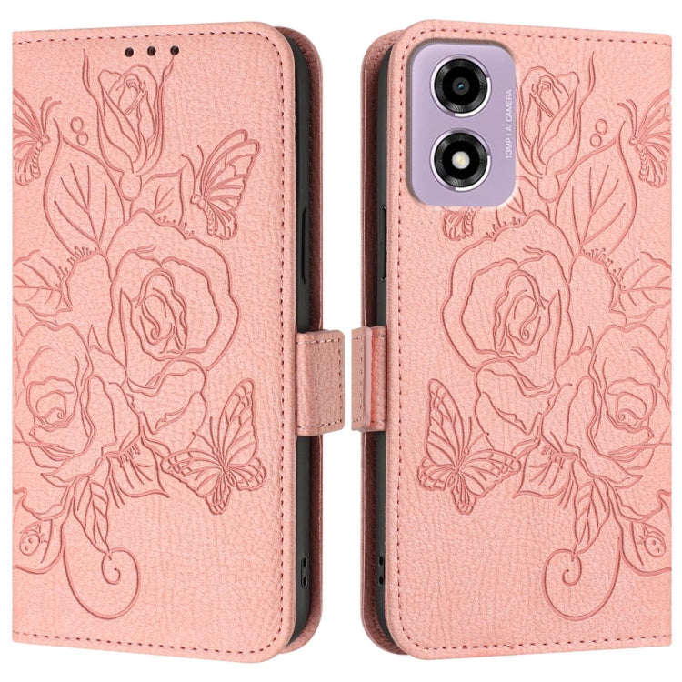 For Motorola Moto E14 Embossed Rose RFID Anti-theft Leather Phone Case(Pink)