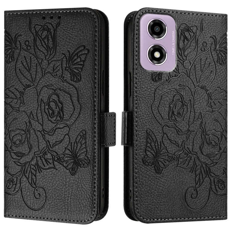 For Motorola Moto E14 Embossed Rose RFID Anti-theft Leather Phone Case(Black)