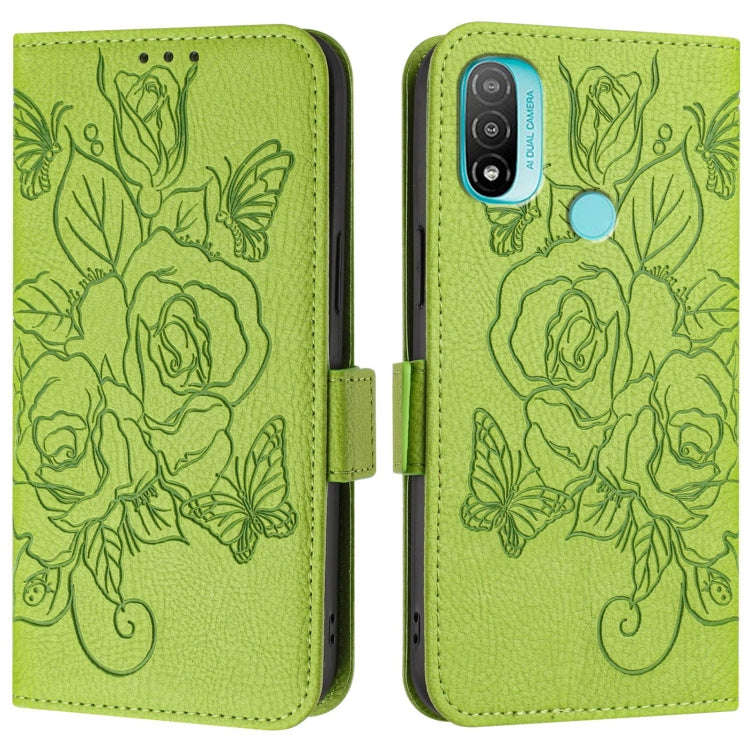 For Motorola Moto E20 / E30 / E40 Embossed Rose RFID Anti-theft Leather Phone Case(Green)