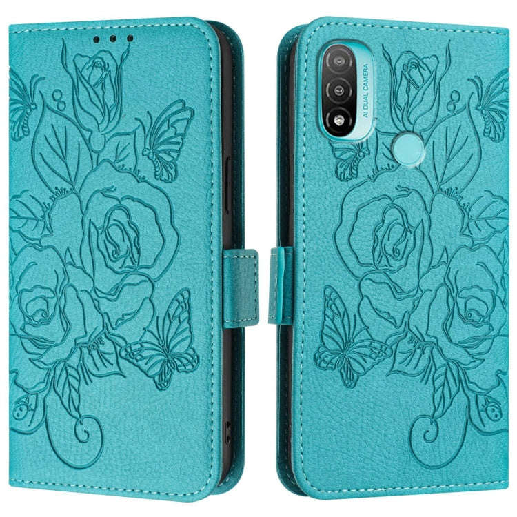 For Motorola Moto E20 / E30 / E40 Embossed Rose RFID Anti-theft Leather Phone Case(Light Blue)