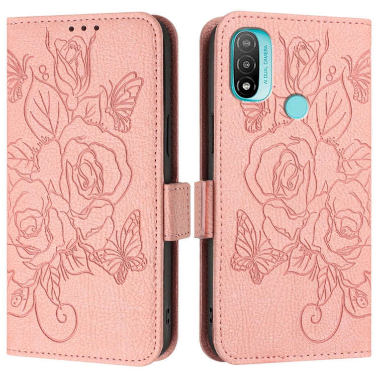 For Motorola Moto E20 / E30 / E40 Embossed Rose RFID Anti-theft Leather Phone Case(Pink)