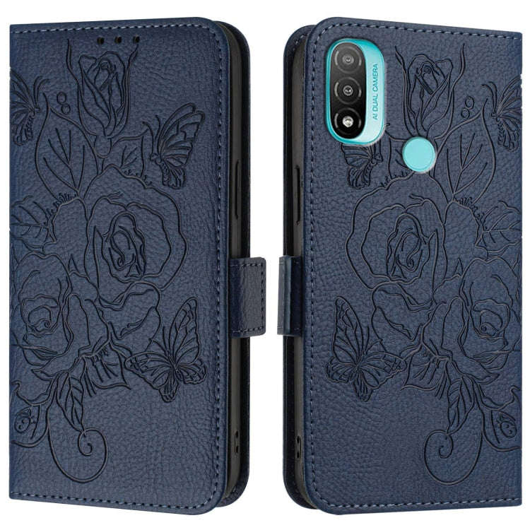 For Motorola Moto E20 / E30 / E40 Embossed Rose RFID Anti-theft Leather Phone Case(Dark Blue)