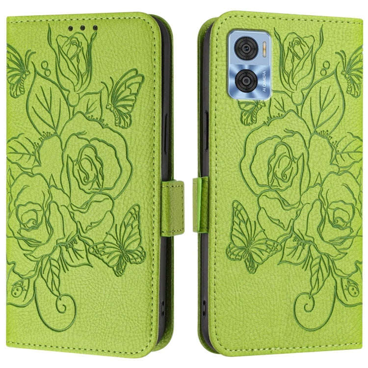 For Motorola Moto E22 4G / E22i 4G Embossed Rose RFID Anti-theft Leather Phone Case(Green)