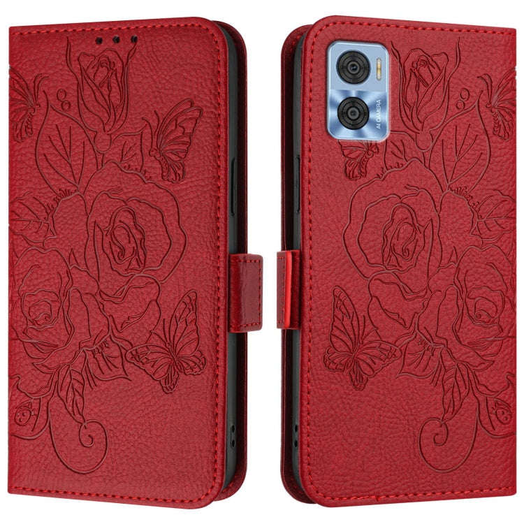 For Motorola Moto E22 4G / E22i 4G Embossed Rose RFID Anti-theft Leather Phone Case(Red)