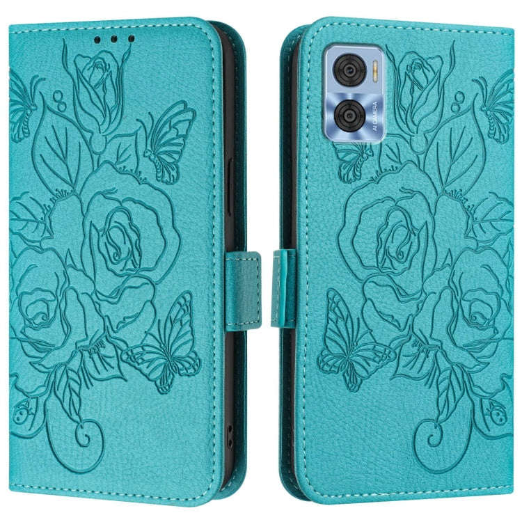 For Motorola Moto E22 4G / E22i 4G Embossed Rose RFID Anti-theft Leather Phone Case(Light Blue)