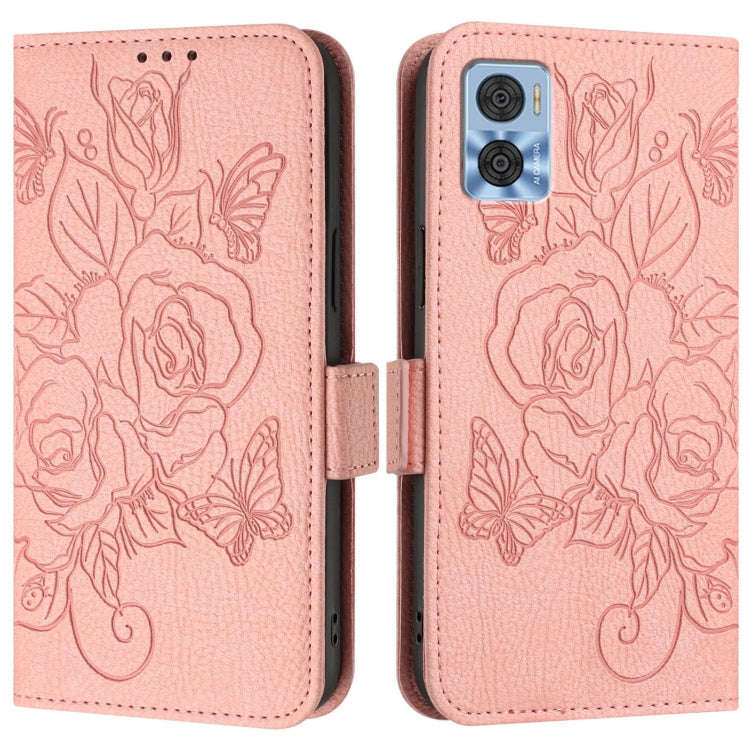For Motorola Moto E22 4G / E22i 4G Embossed Rose RFID Anti-theft Leather Phone Case(Pink)