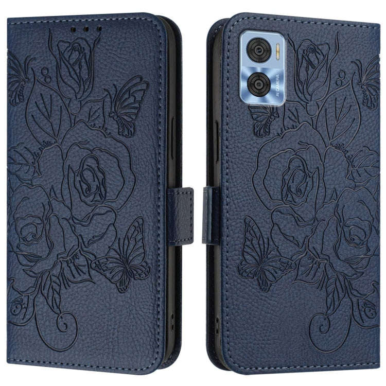 For Motorola Moto E22 4G / E22i 4G Embossed Rose RFID Anti-theft Leather Phone Case(Dark Blue)