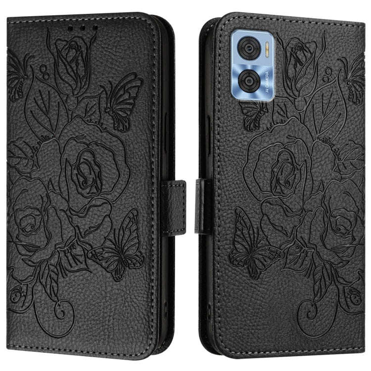For Motorola Moto E22 4G / E22i 4G Embossed Rose RFID Anti-theft Leather Phone Case(Black)