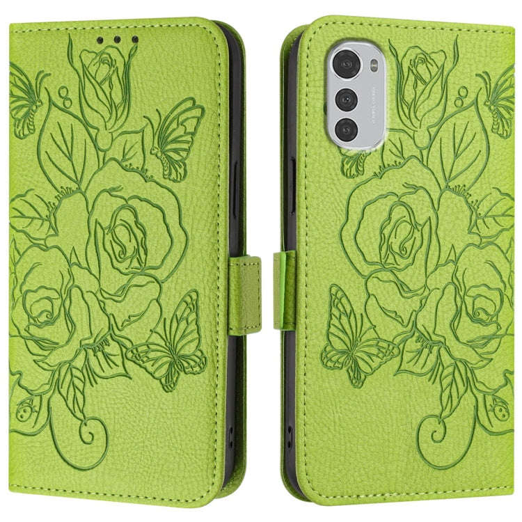 For Motorola Moto E32 4G Embossed Rose RFID Anti-theft Leather Phone Case(Green)
