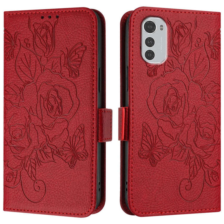 For Motorola Moto E32 4G Embossed Rose RFID Anti-theft Leather Phone Case(Red)