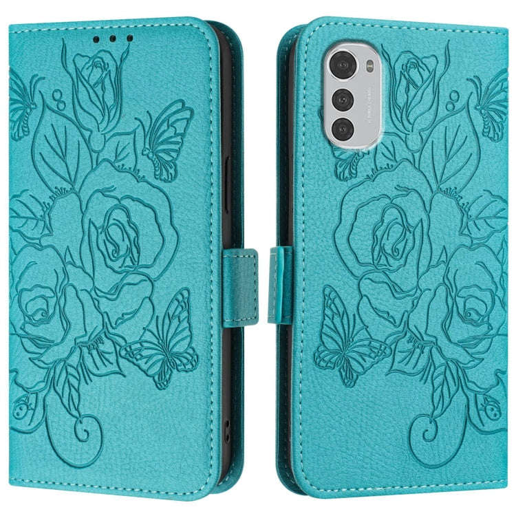 For Motorola Moto E32 4G Embossed Rose RFID Anti-theft Leather Phone Case(Light Blue)