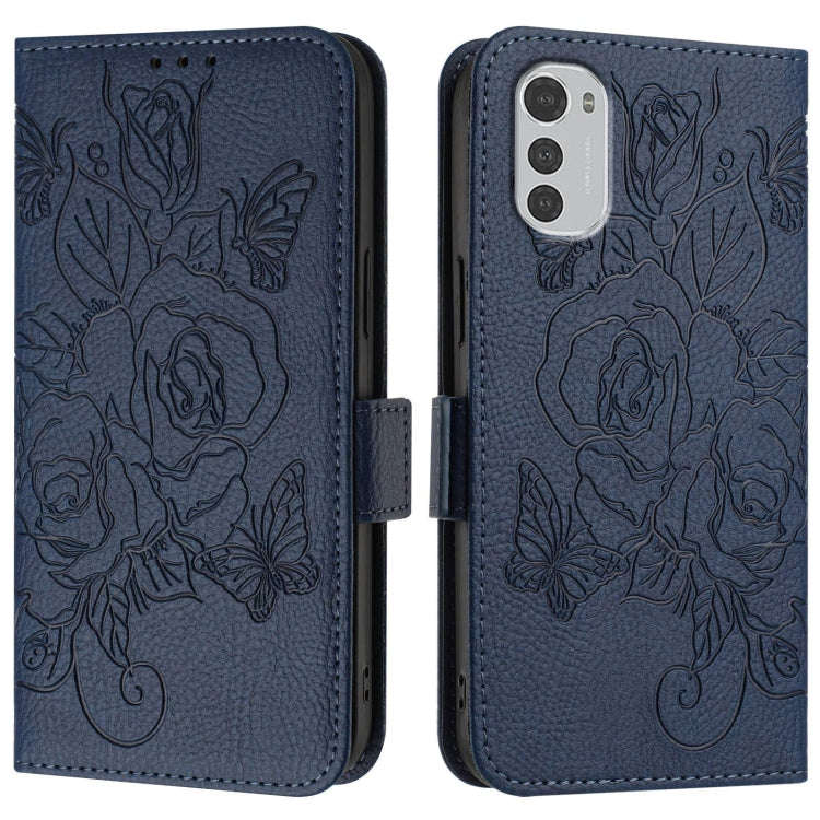 For Motorola Moto E32 4G Embossed Rose RFID Anti-theft Leather Phone Case(Dark Blue)