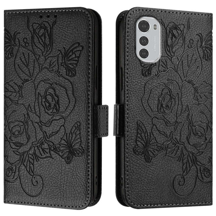 For Motorola Moto E32 4G Embossed Rose RFID Anti-theft Leather Phone Case(Black)
