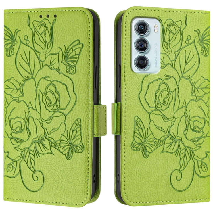 For Motorola Edge S30 / Moto G200 5G Embossed Rose RFID Anti-theft Leather Phone Case(Green)