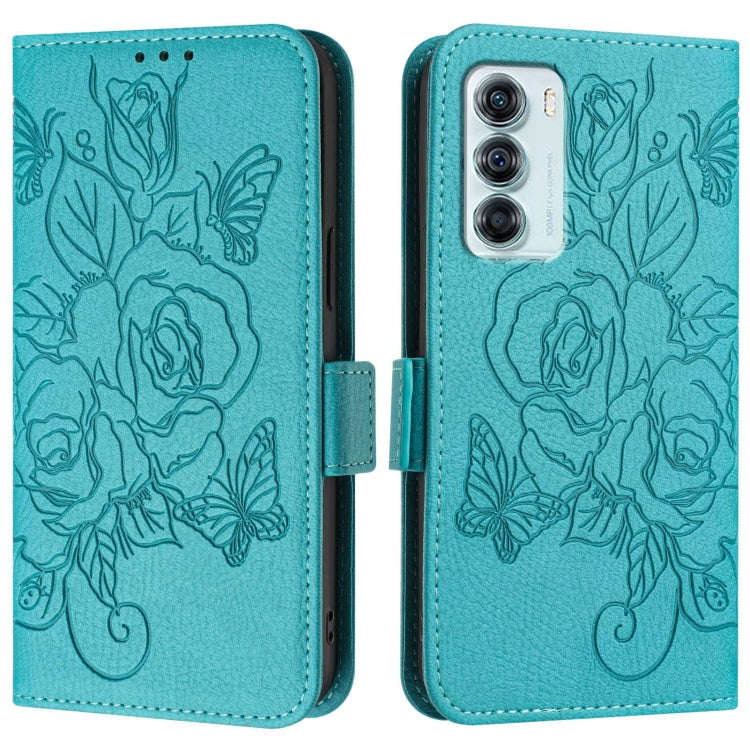 For Motorola Edge S30 / Moto G200 5G Embossed Rose RFID Anti-theft Leather Phone Case(Light Blue)
