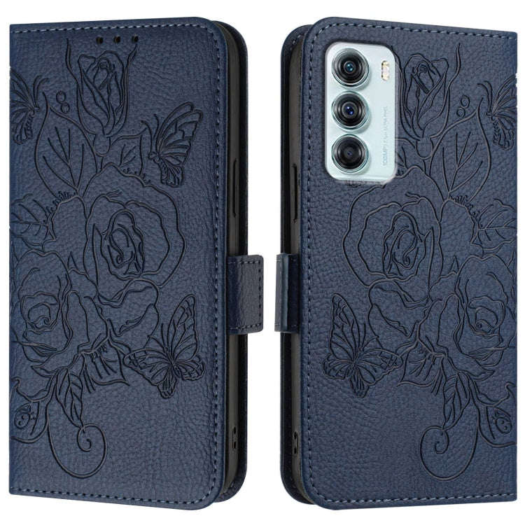 For Motorola Edge S30 / Moto G200 5G Embossed Rose RFID Anti-theft Leather Phone Case(Dark Blue)