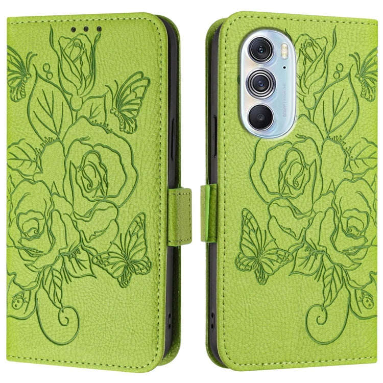 For Motorola Edge+ 2022 Embossed Rose RFID Anti-theft Leather Phone Case(Green)
