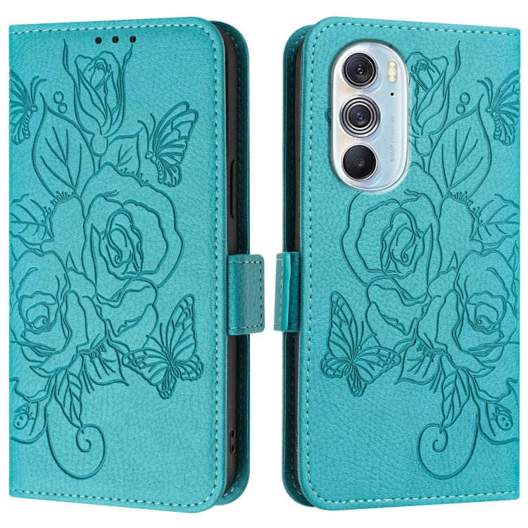 For Motorola Edge+ 2022 Embossed Rose RFID Anti-theft Leather Phone Case(Light Blue)