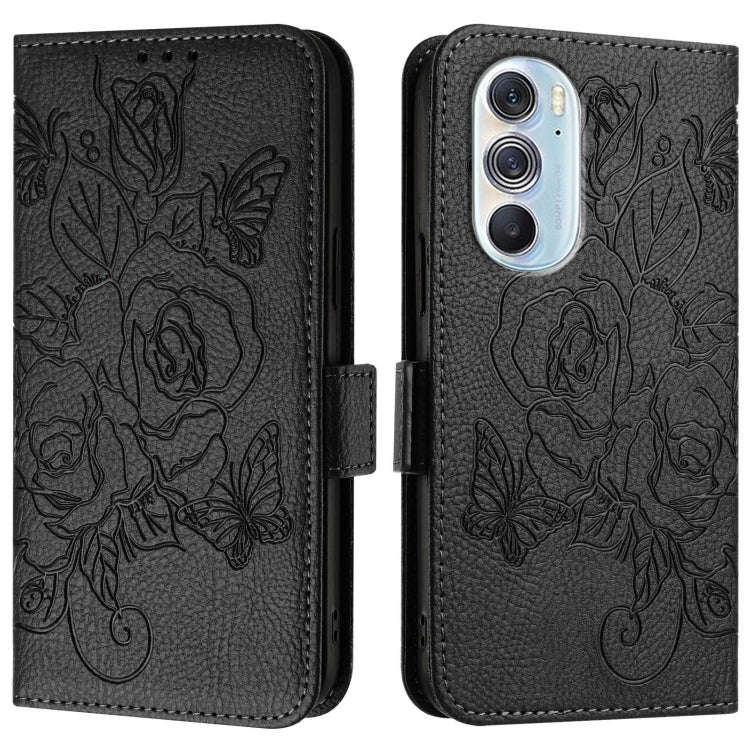 For Motorola Edge+ 2022 Embossed Rose RFID Anti-theft Leather Phone Case(Black)